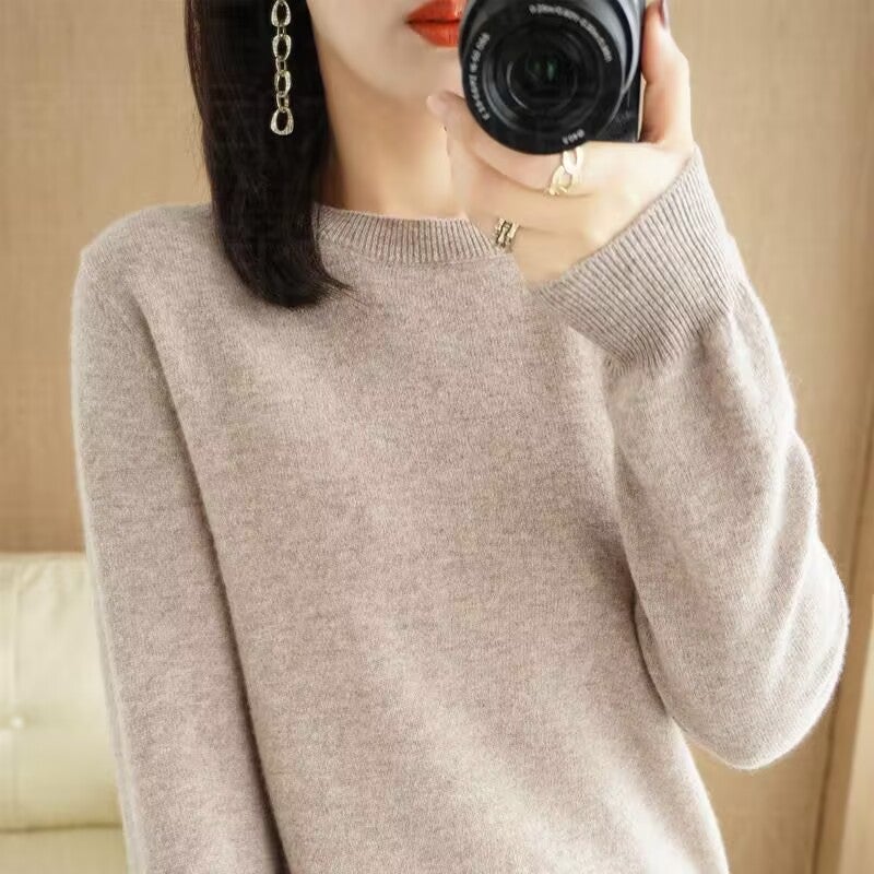 Round Neck Sweater Women'S Pullover Knitted Solid Color Long Sleeve Women'S Inner Warm Solid Color Base Shirt - Image 2